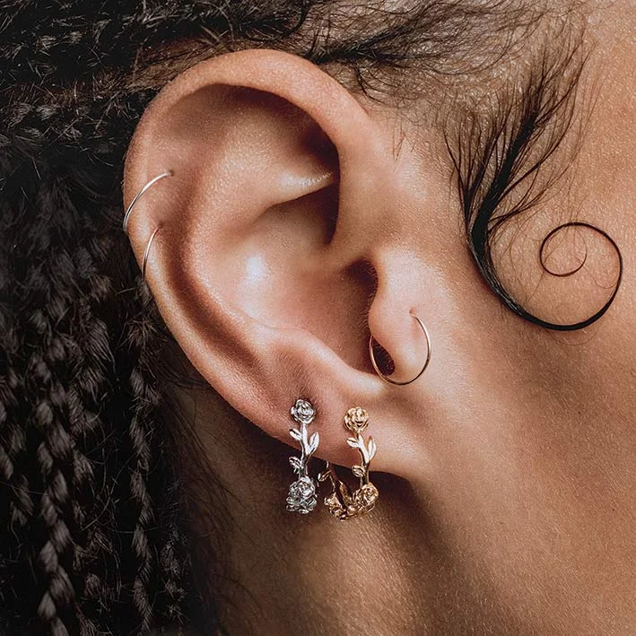 Women's Earrings – Elegant Designs for Every Personality--SARAH. Rose Foliage Hoops - Gold Women's Earrings – Elegant Designs for Every Personality--SARAH. Rose Foliage Hoops - Gold