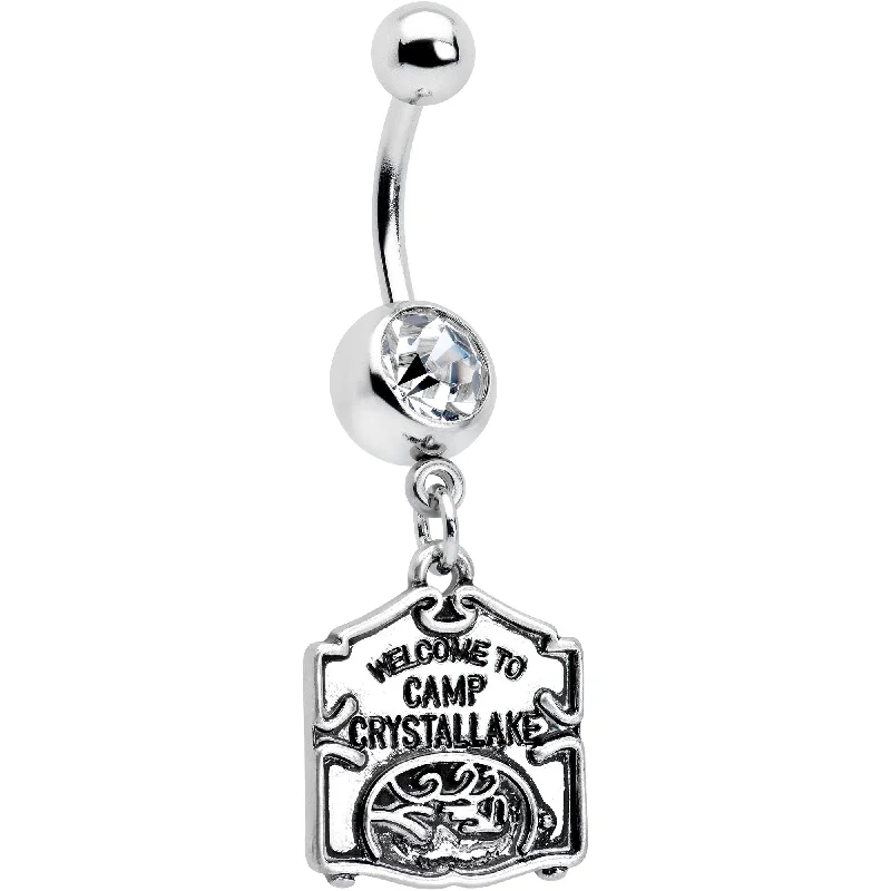 Designer Belly Rings for Exclusive Looks -Officially Licensed Friday the 13th Clear Gem Camp Sign Dangle Belly Ring Designer Belly Rings for Exclusive Looks -Officially Licensed Friday the 13th Clear Gem Camp Sign Dangle Belly Ring