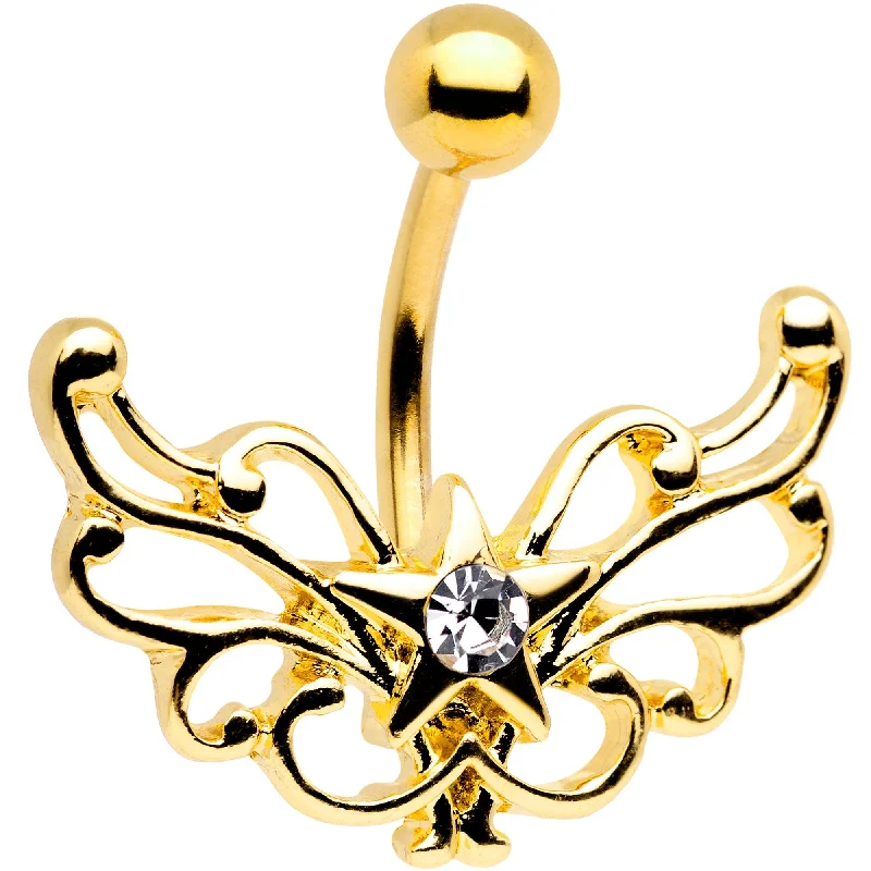 Comfortable Belly Rings for Everyday Fashion -Clear Gem Gold Tone Electroplated Summer Filigree Star Belly Ring Comfortable Belly Rings for Everyday Fashion -Clear Gem Gold Tone Electroplated Summer Filigree Star Belly Ring