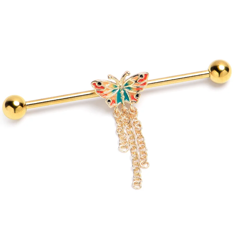Women's Earrings – Elegant Designs for Every Personality--14 Gauge Gold Tone Sunrise Butterfly Dangle Industrial Barbell 38mm