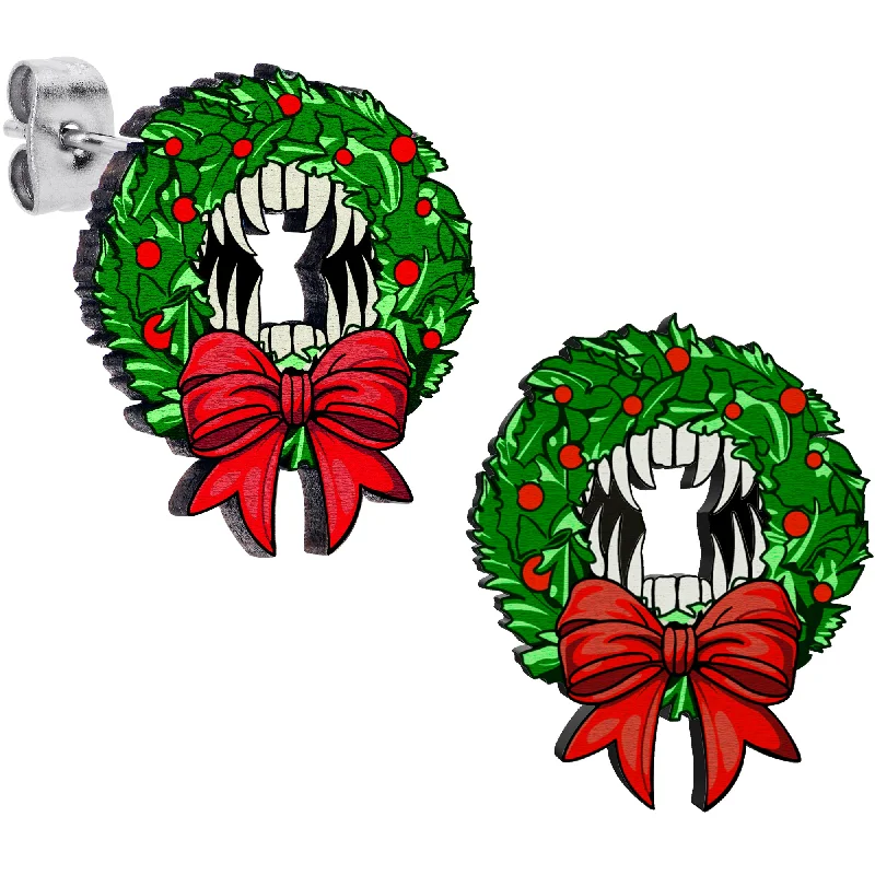 Women's Earrings – Elegant Designs for Every Personality--Handmade Wooden Vampire Wreath Holiday Christmas Stud Earrings