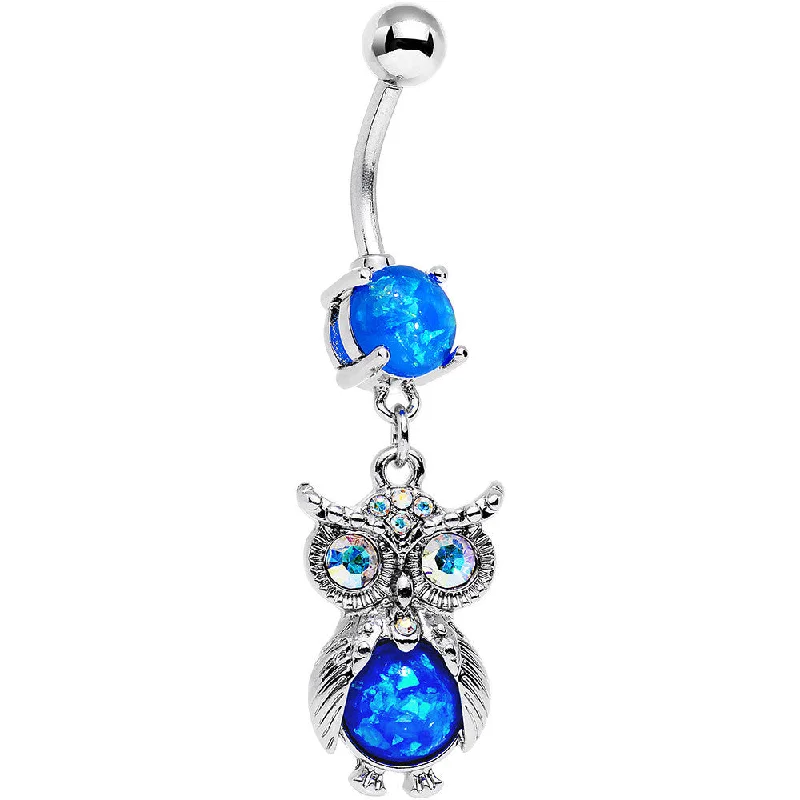 Designer Belly Rings with Artistic Features -Blue Faux Opal Clear Gem No Ordinary Owl Dangle Belly Ring Designer Belly Rings with Artistic Features -Blue Faux Opal Clear Gem No Ordinary Owl Dangle Belly Ring
