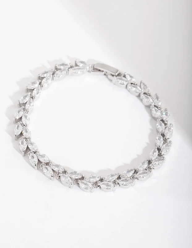 Personalized Charm Bangles for Women-Silver Diamond Simulant Petal Row Tennis Bracelet