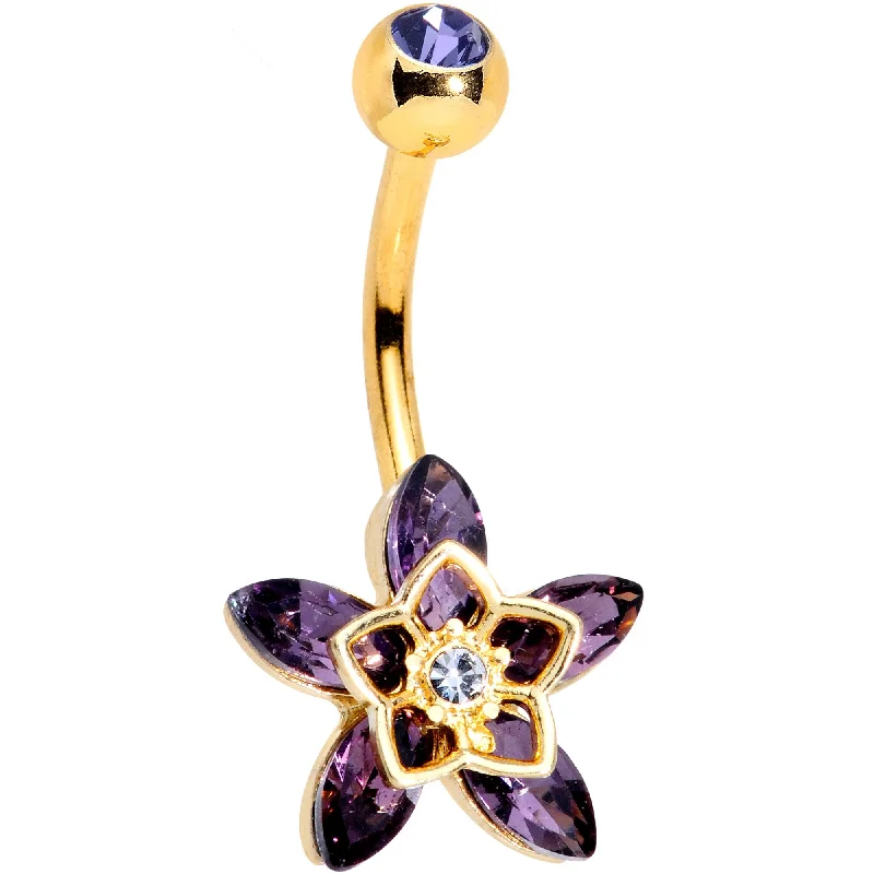 Trendy Belly Rings for Chic Look -Clear Purple Gem Gold Tone Anodized Flowerburst Star Belly Ring Trendy Belly Rings for Chic Look -Clear Purple Gem Gold Tone Anodized Flowerburst Star Belly Ring