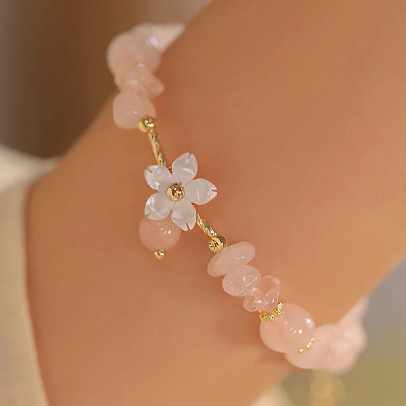 Personalize Your Bangles for Women-Buddha Stones 14k Gold Plated Natural Pink Crystal Flower Love Bracelet