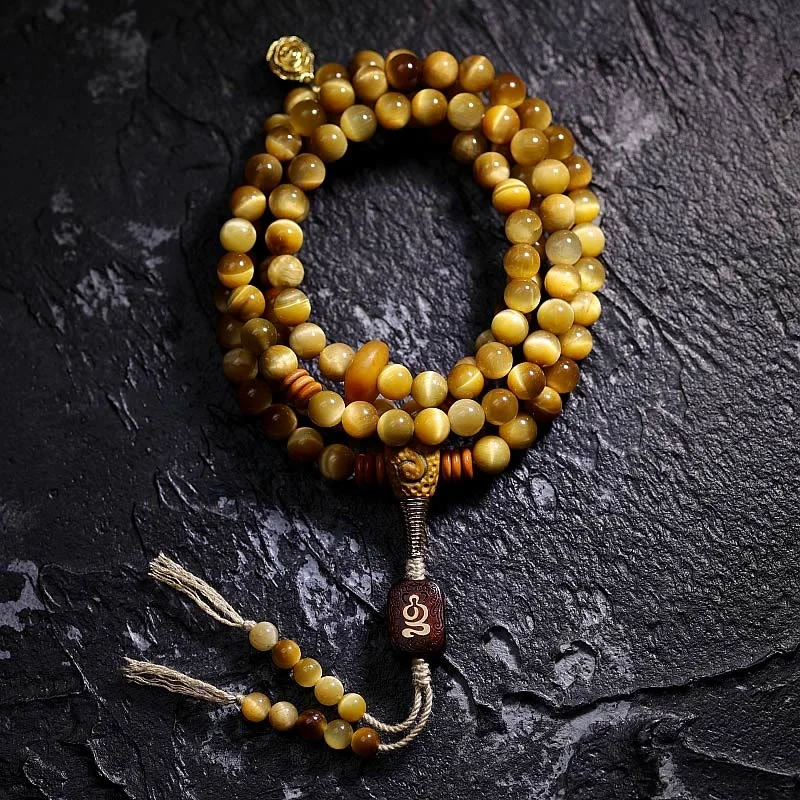 Men's Cuff Bracelets-Buddha Stones 108 Mala Beads Natural Tiger Eye Copper Dorje Protection Tassel Bracelet Men's Cuff Bracelets-Buddha Stones 108 Mala Beads Natural Tiger Eye Copper Dorje Protection Tassel Bracelet