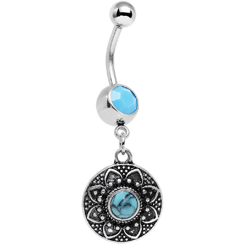 Beautiful Belly Rings for Glamorous Fashion -Faux Turquoise Southwestern Flower Power Disc Dangle Belly Ring Beautiful Belly Rings for Glamorous Fashion -Faux Turquoise Southwestern Flower Power Disc Dangle Belly Ring