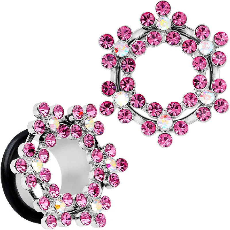 Women's Earrings – Elegant Designs for Every Personality--5/8 Pink and Aurora Gem Snowflake Steel Tunnel Plug Set Women's Earrings – Elegant Designs for Every Personality--5/8 Pink and Aurora Gem Snowflake Steel Tunnel Plug Set