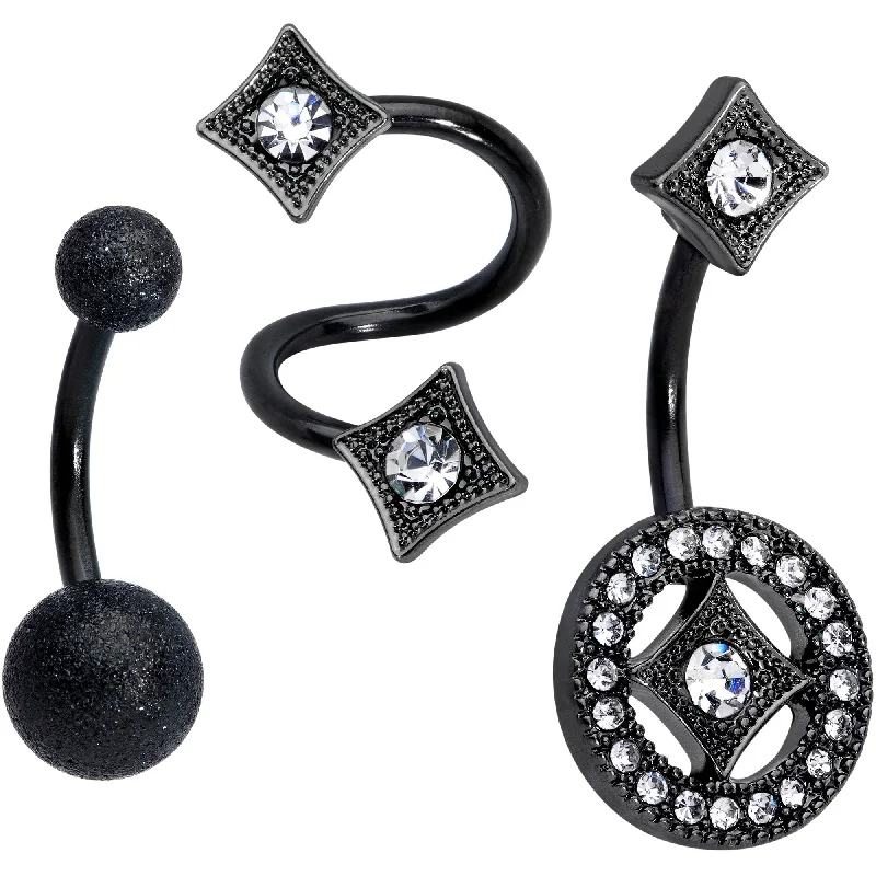 Stunning Belly Rings for Fashionistas -Clear Gem Black Sandblasted Spiral Circle Belly Ring Set of 3 Stunning Belly Rings for Fashionistas -Clear Gem Black Sandblasted Spiral Circle Belly Ring Set of 3