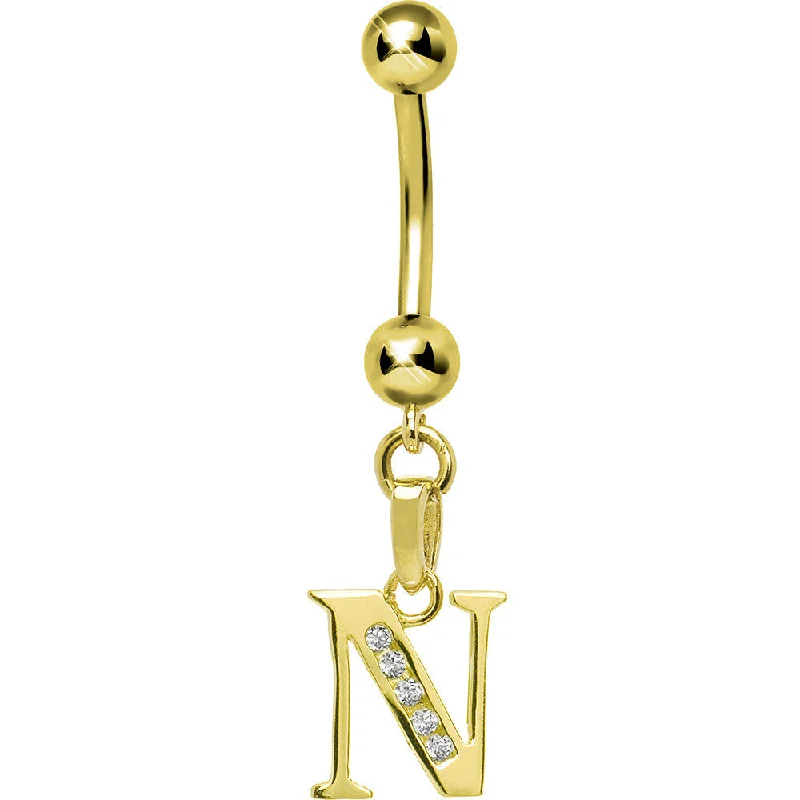 Trendy Belly Rings with Modern Touch -16 Gauge Solid 14kt Yellow Gold CZ Initial N Belly Ring Trendy Belly Rings with Modern Touch -16 Gauge Solid 14kt Yellow Gold CZ Initial N Belly Ring