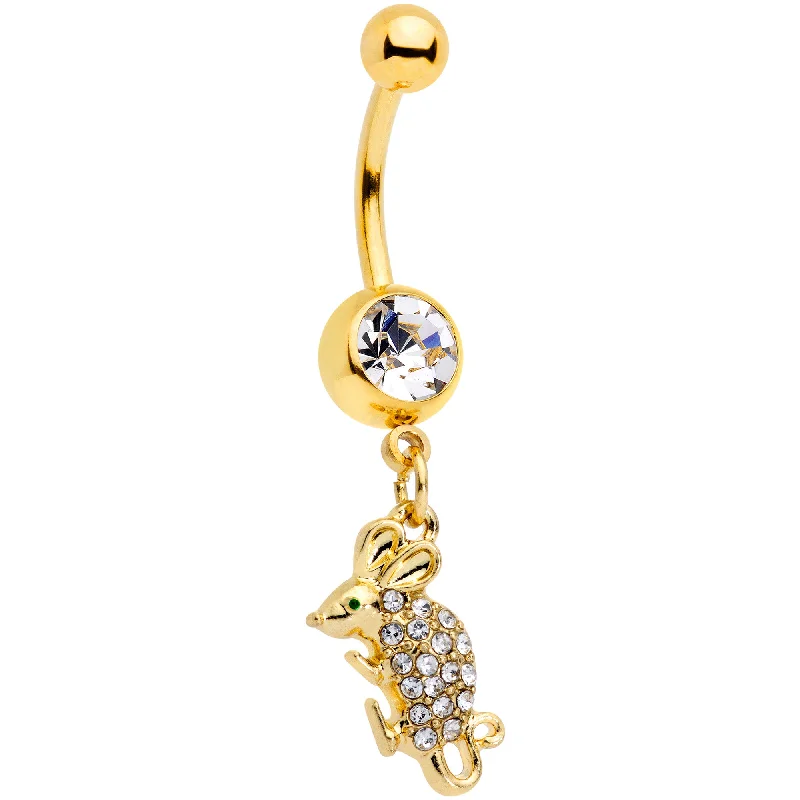 Comfortable Belly Rings with Custom Design -Clear Aqua Gem Gold Tone Mouse Dangle Belly Ring Comfortable Belly Rings with Custom Design -Clear Aqua Gem Gold Tone Mouse Dangle Belly Ring