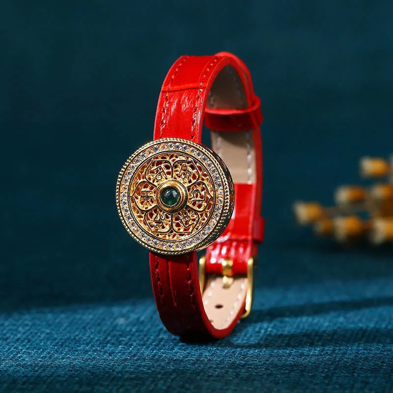 Women's Bangles with Intricate Metal Work-Buddha Stones Six True Words Eight Treasures Compass Jade 24K Gold Plated Luck Leather Bracelet Women's Bangles with Intricate Metal Work-Buddha Stones Six True Words Eight Treasures Compass Jade 24K Gold Plated Luck Leather Bracelet