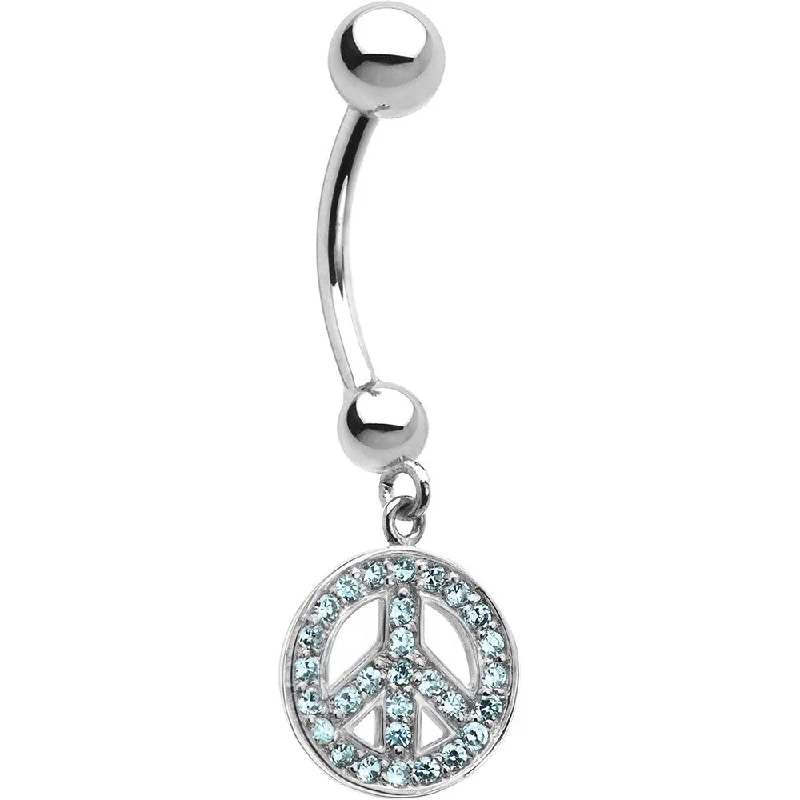 Comfortable Belly Rings with Unique Detailing -16 Gauge 14kt White Gold Aqua CZ Peace Sign Belly Ring Comfortable Belly Rings with Unique Detailing -16 Gauge 14kt White Gold Aqua CZ Peace Sign Belly Ring