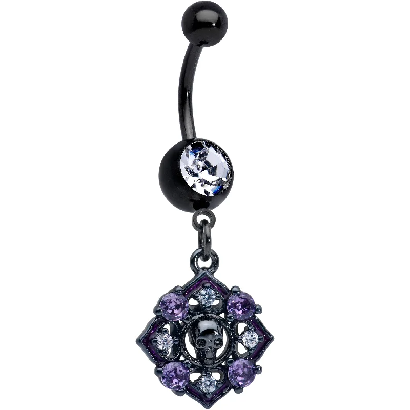 Comfortable Belly Rings for Active Use -Clear Purple Gem Black Skull Circle Dangle Belly Ring Comfortable Belly Rings for Active Use -Clear Purple Gem Black Skull Circle Dangle Belly Ring