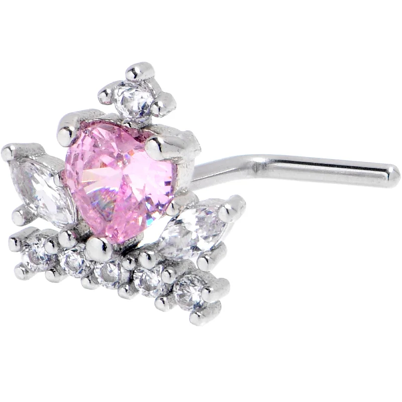 Nose Rings for Cartilage -20 Gauge 7mm Pink Clear CZ Gem Crown Heart L Shape Nose Ring Nose Rings for Cartilage -20 Gauge 7mm Pink Clear CZ Gem Crown Heart L Shape Nose Ring