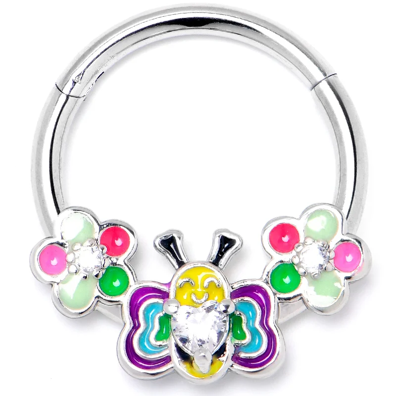 Nose Rings for Everyday Use -16 Gauge 3/8 Clear CZ Gem Butterfly Love Bug Hinged Segment Ring Nose Rings for Everyday Use -16 Gauge 3/8 Clear CZ Gem Butterfly Love Bug Hinged Segment Ring