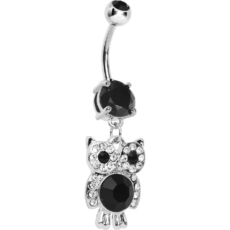 Comfortable Belly Rings for Glamorous Style -Black Gem Paved Clever Owl Dangle Belly Ring Comfortable Belly Rings for Glamorous Style -Black Gem Paved Clever Owl Dangle Belly Ring