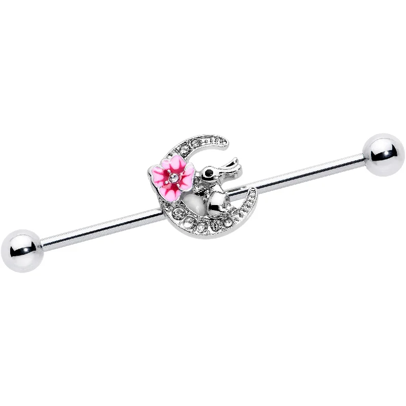 Women's Earrings – Elegant Designs for Every Personality--14 Gauge Clear Gem Rabbit On Moon Flower Pink Industrial Barbell 38mm