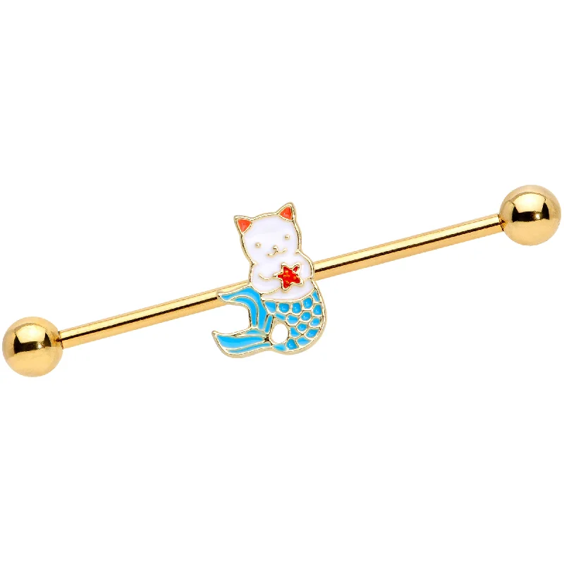 Women's Earrings – Elegant Designs for Every Personality--14 Gauge Gold Tone Blue White Mermaid Cat Industrial Barbell 38mm Women's Earrings – Elegant Designs for Every Personality--14 Gauge Gold Tone Blue White Mermaid Cat Industrial Barbell 38mm