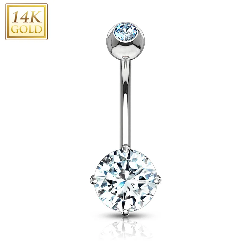 Stylish Belly Rings for Glamorous Look -14kt Solid White Gold 4-Prong Set 6mm CZ Belly Ring Stylish Belly Rings for Glamorous Look -14kt Solid White Gold 4-Prong Set 6mm CZ Belly Ring