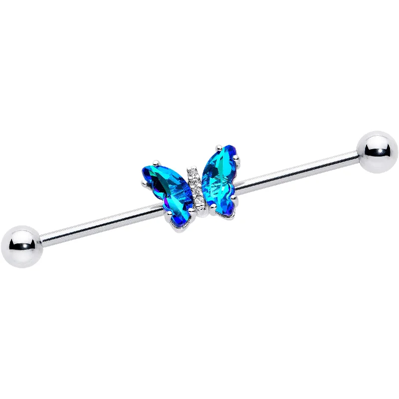 Women's Earrings – Elegant Designs for Every Personality--14 Gauge Blue CZ Gem Simply Colorful Butterfly Industrial Barbell 38mm