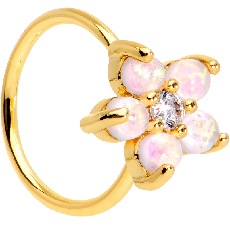 Elegant Nose Rings with Shiny Gems -20 Gauge Clear CZ White Faux Opal Gold Tone Flower Circular Ring Elegant Nose Rings with Shiny Gems -20 Gauge Clear CZ White Faux Opal Gold Tone Flower Circular Ring