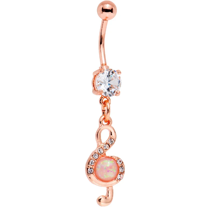 Comfortable Belly Rings with Unique Detailing -White Faux Opal Rose Gold PVD Treble Clef Dangle Belly Ring Comfortable Belly Rings with Unique Detailing -White Faux Opal Rose Gold PVD Treble Clef Dangle Belly Ring