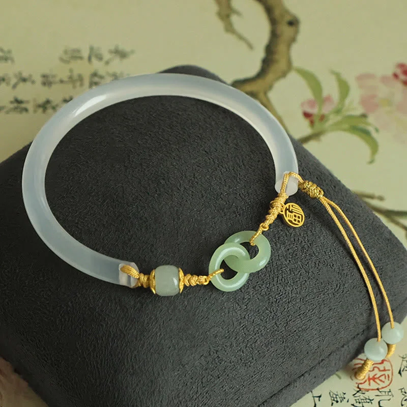 Women's Elegant Bangles for Parties-Buddha Stones 925 Sterling Silver Natural White Agate Hetian Jade Double Peace Buckle Fu Character Bracelet Bangle Women's Elegant Bangles for Parties-Buddha Stones 925 Sterling Silver Natural White Agate Hetian Jade Double Peace Buckle Fu Character Bracelet Bangle