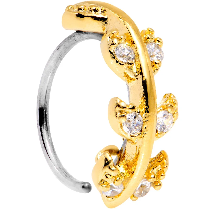 Designer Nose Rings with Precious Stones -20 Gauge Clear CZ Gem Gold Tone Leafy Seamless Circular Ring Designer Nose Rings with Precious Stones -20 Gauge Clear CZ Gem Gold Tone Leafy Seamless Circular Ring
