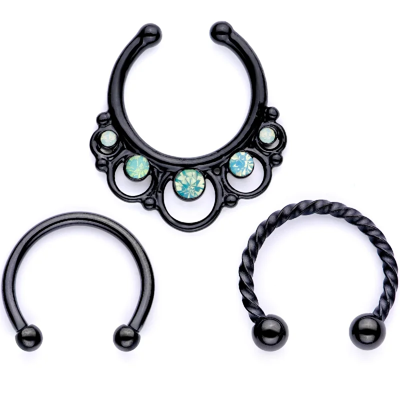 Trendy and Comfortable Nose Rings for Every Day -16 Gauge Teal Faux Opal Black Anodized Twisted Horseshoe Clip On Fake Septum Ring Set Trendy and Comfortable Nose Rings for Every Day -16 Gauge Teal Faux Opal Black Anodized Twisted Horseshoe Clip On Fake Septum Ring Set