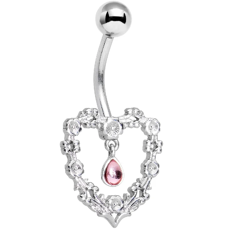 Designer Belly Rings with Elegant Style -Pink Gem Dangle Floral Heart Belly Ring