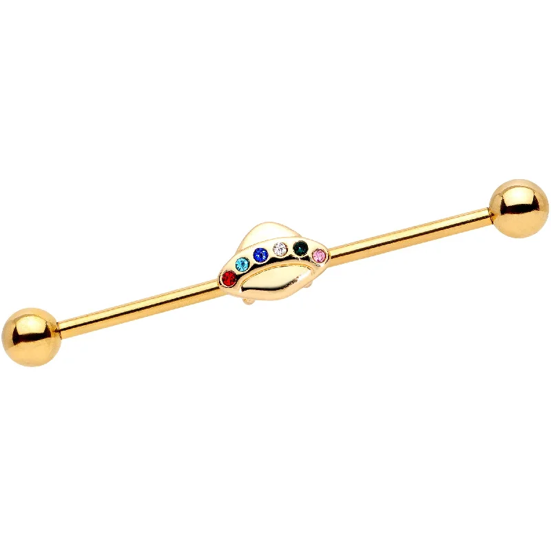 Women's Earrings – Elegant Designs for Every Personality--14 Gauge Multicolor Gem Gold Tone UFO Industrial Barbell 38mm