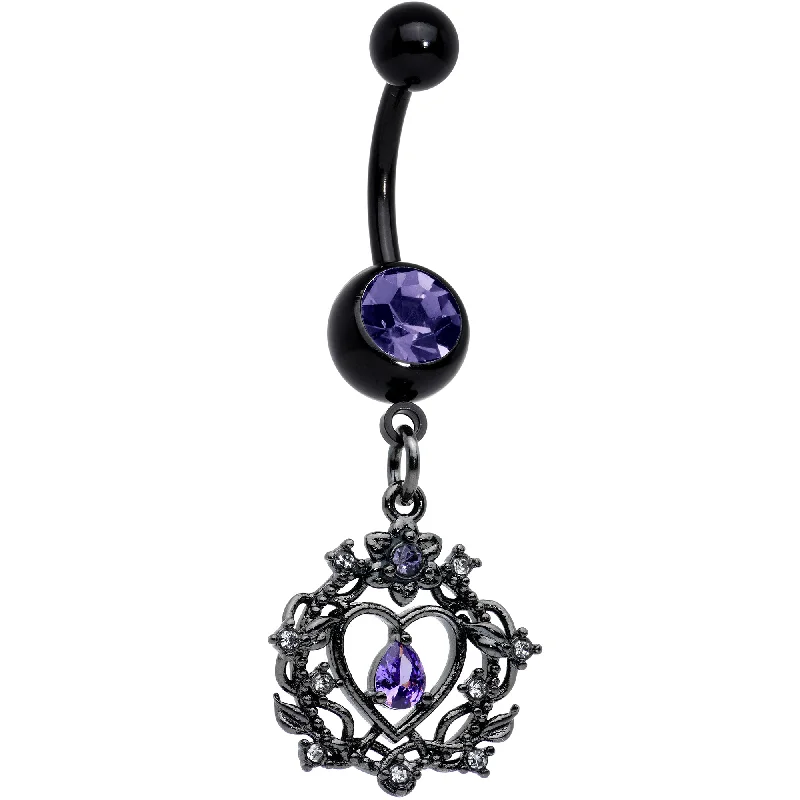 Sparkling Belly Rings for Extra Shine -Purple Gem Black Regal Crown Dangle Belly Ring Sparkling Belly Rings for Extra Shine -Purple Gem Black Regal Crown Dangle Belly Ring