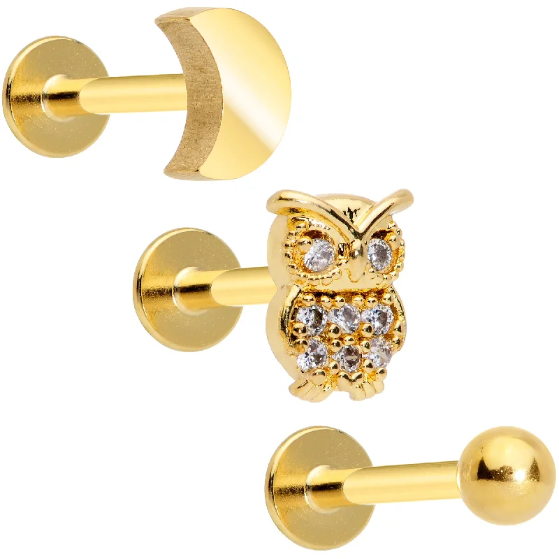 Custom Lip Rings for Exclusive Look16 Gauge 5/16 Gold Tone Clear Gem Owl Moon Labret Tragus Set of 3