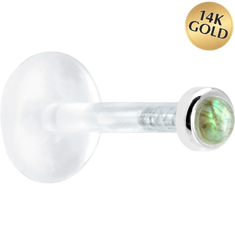 Women's Earrings – Elegant Designs for Every Personality--16 Gauge 5/16 Solid 14KT White Gold 2mm Genuine Labradorite Bioplast Tragus Earring Stud