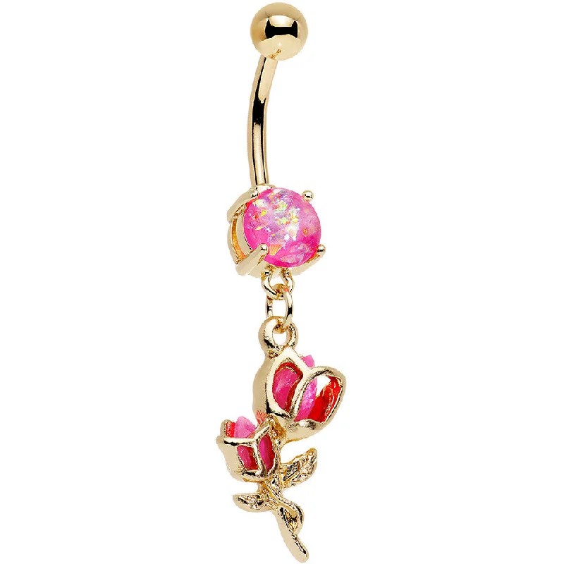 Comfortable Belly Rings for Exclusive Looks -Pink Faux Opal Gold Plated Roses Ready to Flower Dangle Belly Ring Comfortable Belly Rings for Exclusive Looks -Pink Faux Opal Gold Plated Roses Ready to Flower Dangle Belly Ring