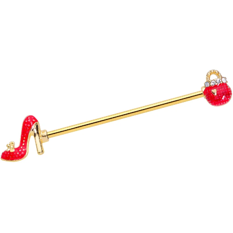 Women's Earrings – Elegant Designs for Every Personality--14 Gauge Clear Gem Gold Tone Purse High Heel Industrial Barbell 38mm
