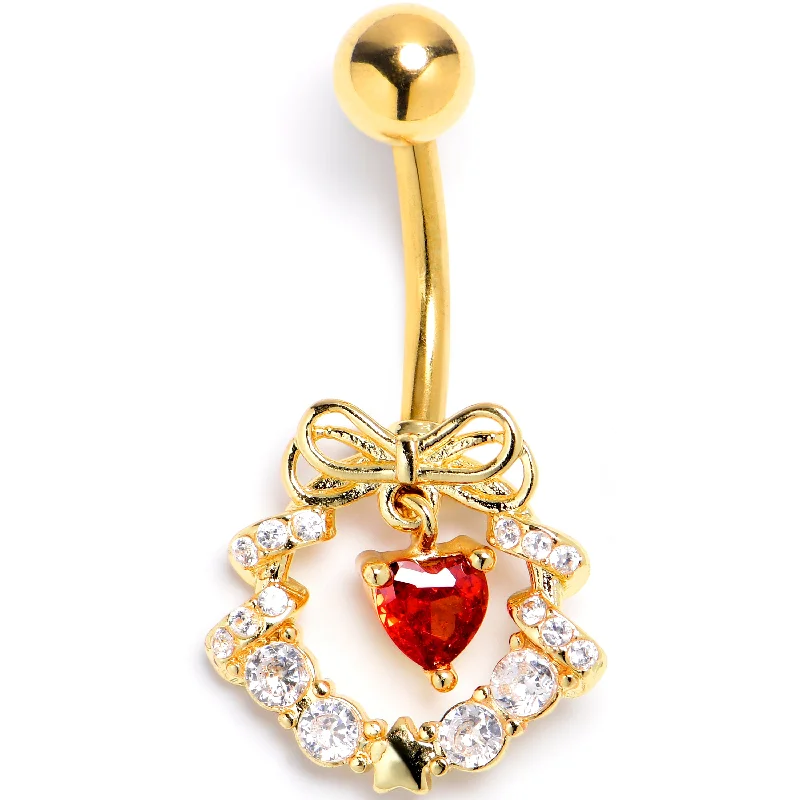 Designer Belly Rings with Sleek Finish -Clear Red CZ Gem Gold Tone Heart Wreath of Love Belly Ring Designer Belly Rings with Sleek Finish -Clear Red CZ Gem Gold Tone Heart Wreath of Love Belly Ring