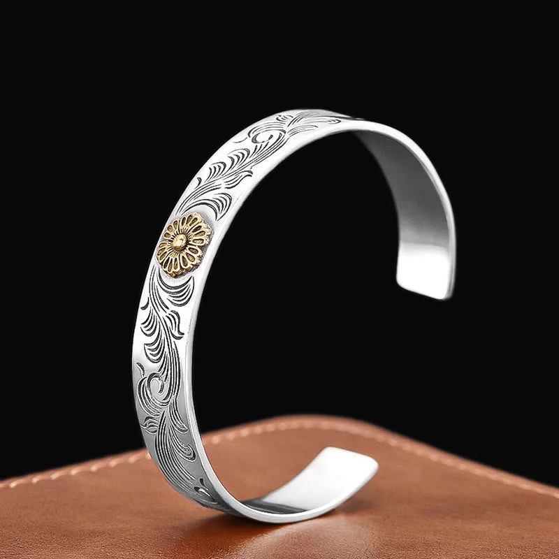 Men's Bracelets for Everyday Fashion-Buddha Stones Tang Dynasty Flower Design Rose Flower Feather Carved Copper Luck Bracelet Bangle Men's Bracelets for Everyday Fashion-Buddha Stones Tang Dynasty Flower Design Rose Flower Feather Carved Copper Luck Bracelet Bangle