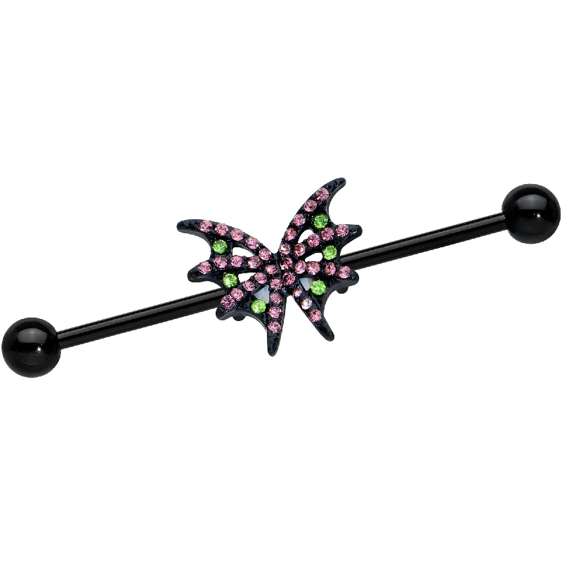 Women's Earrings – Elegant Designs for Every Personality--14 Gauge Pink Green Gem Black Bat Wing Industrial Barbell 38mm