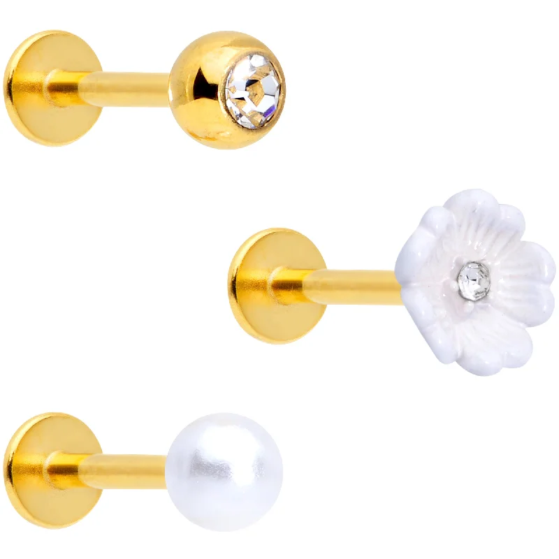 Bold Lip Rings for Daring Looks16 Gauge 5/16 Clear Gem Gold Tone Flower Labret Tragus Set of 3