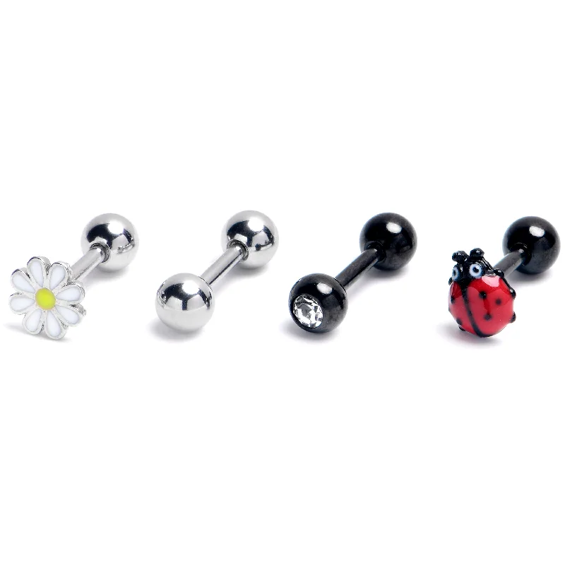 Women's Earrings – Elegant Designs for Every Personality--16 Gauge 1/4 Clear Gem Black Daisy Ladybug Cartilage Earring Curation Set of 4