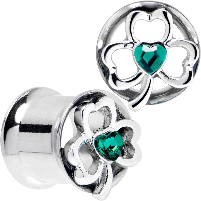 Women's Earrings – Elegant Designs for Every Personality--Green Gem Heart Shamrock St Patricks Tunnel Plug Set Sizes 10mm to 16mm