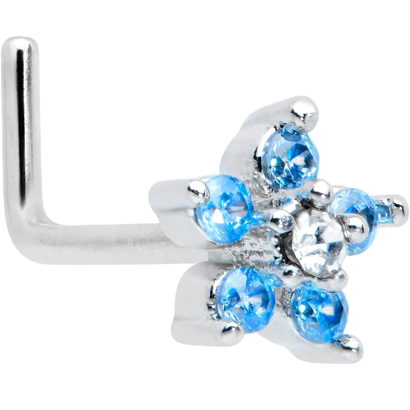 Nose Rings for Showcasing Personal Style -20 Gauge 1/4 Blue Clear CZ Gem Flower Beauty L Shape Nose Ring Nose Rings for Showcasing Personal Style -20 Gauge 1/4 Blue Clear CZ Gem Flower Beauty L Shape Nose Ring