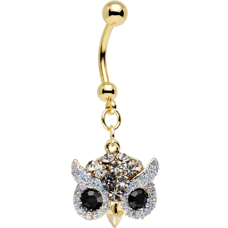 Stylish Belly Rings with Subtle Beauty -Clear Aurora and Black Gem Gold Plated Beady Eye Owl Dangle Belly Ring Stylish Belly Rings with Subtle Beauty -Clear Aurora and Black Gem Gold Plated Beady Eye Owl Dangle Belly Ring