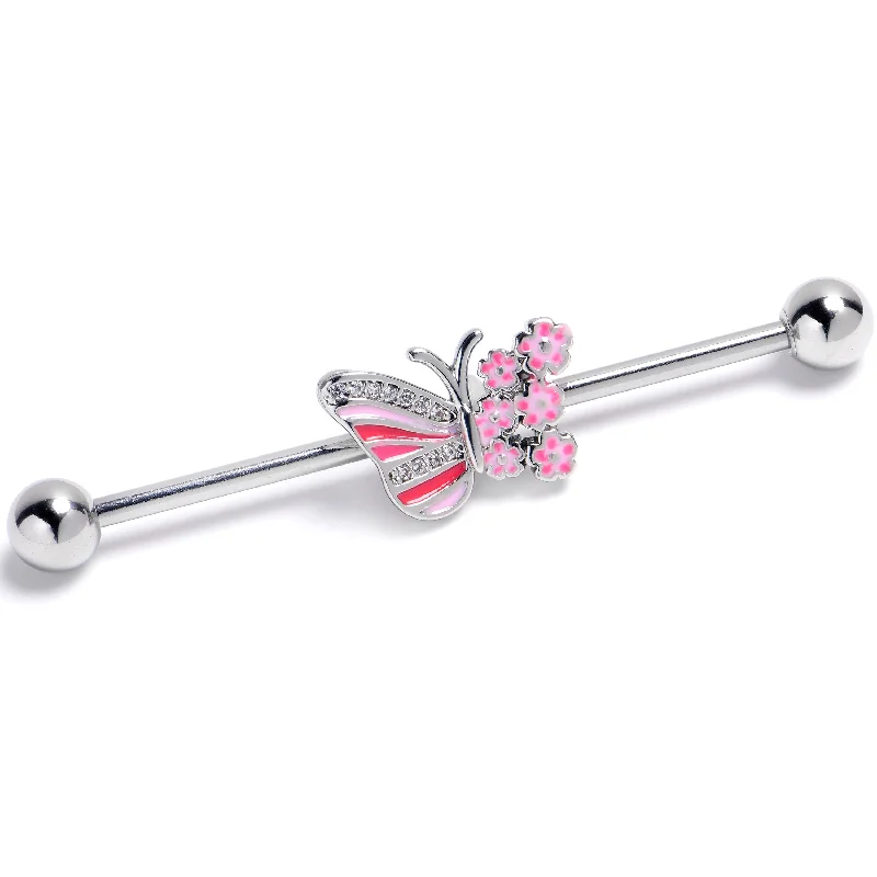 Women's Earrings – Elegant Designs for Every Personality--14 Gauge Clear Gem Flowery Butterfly Pink Industrial Barbell 38mm Women's Earrings – Elegant Designs for Every Personality--14 Gauge Clear Gem Flowery Butterfly Pink Industrial Barbell 38mm