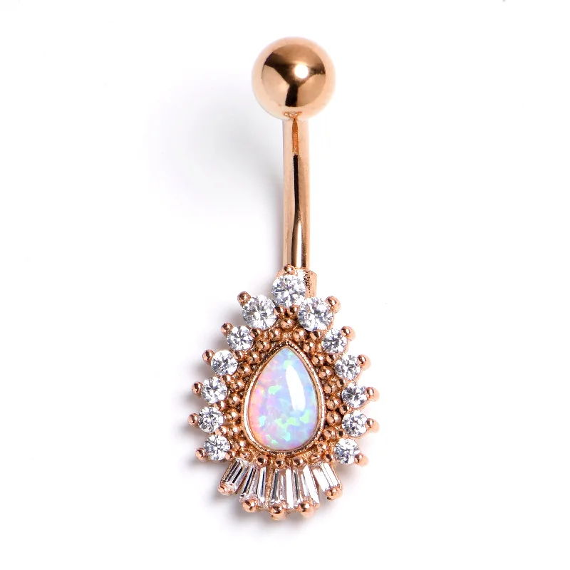 Elegant Belly Rings with Beautiful Accents -White Synthetic Opal Rose Gold Tone Swank Belly Ring Elegant Belly Rings with Beautiful Accents -White Synthetic Opal Rose Gold Tone Swank Belly Ring