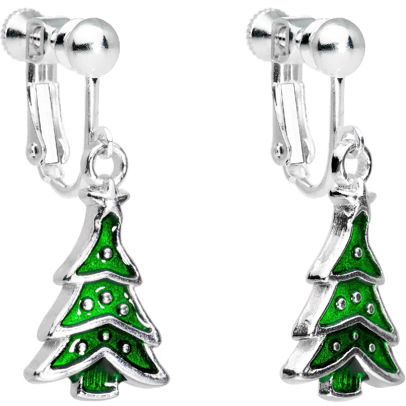 Women's Earrings – Elegant Designs for Every Personality--Silver Plated Classic Christmas Tree Dangle Clip On Earrings
