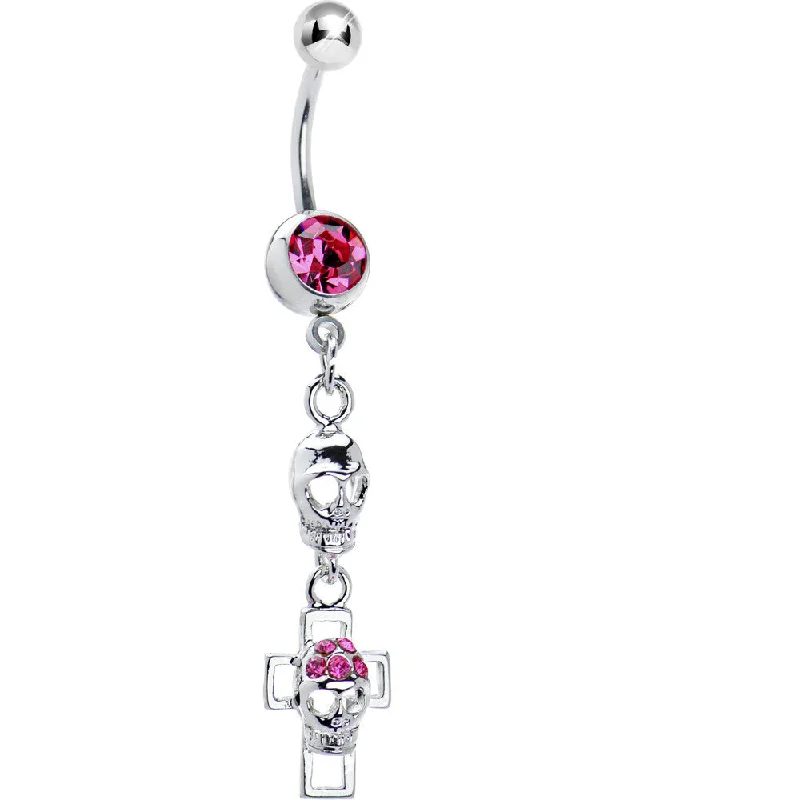 Stunning Belly Rings with Gemstone Details -Pink Gem Hollow Cross Skull Belly Ring
