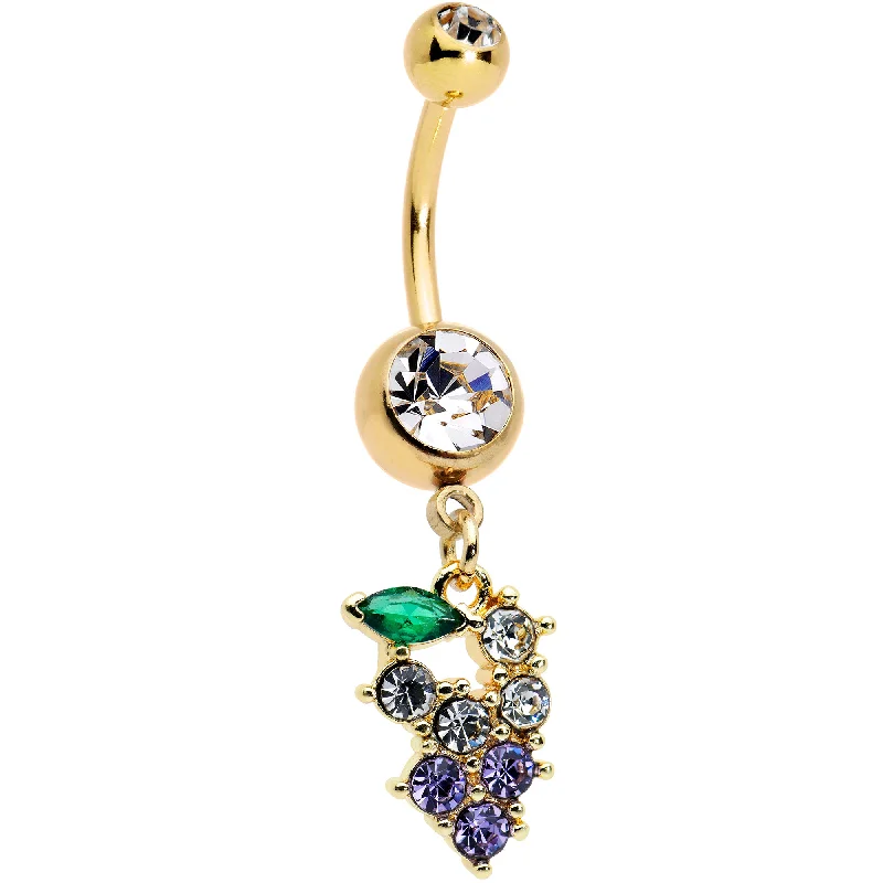 Elegant Belly Rings with Beautiful Accents -Clear Purple CZ Gem Gold Tone Bunch Grapes Dangle Belly Ring Elegant Belly Rings with Beautiful Accents -Clear Purple CZ Gem Gold Tone Bunch Grapes Dangle Belly Ring